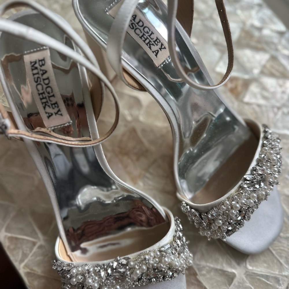 Badgley Mischka Pearl-Embellished Silver Heels